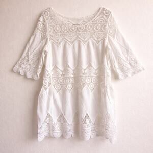Celesta White Lace Crochet Boho Blouse Bell Sleeve Top M Resort Swim Cover